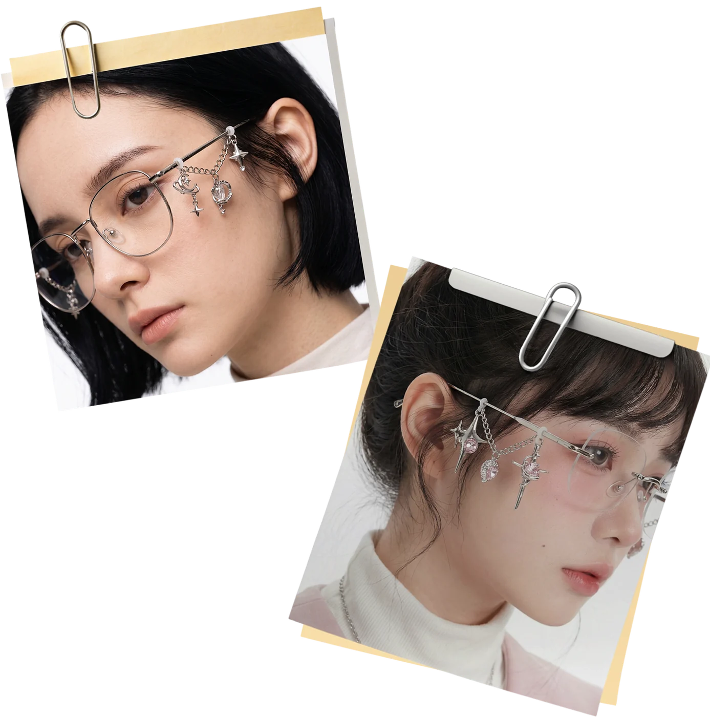 ภาพโพลารอยด์สองใบ นางแบบสวมแว่นห้อยชาร์มดาวและคริสตัล